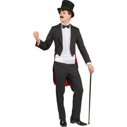 černý frak s červenou podšívkou