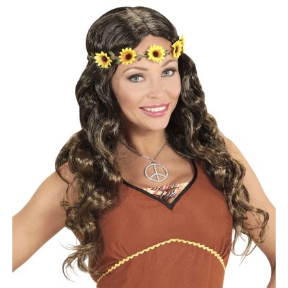 hippie hnědá paruka s čelenkou slunečnice