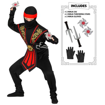 chlapecký kostým ninja černo-červený se zbraněmi