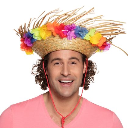 Foto - plážový slamák s havajskými květy