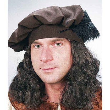 hnědý baret s peřím