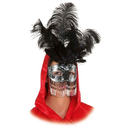 Polomaska černá-stříbrná s peřím