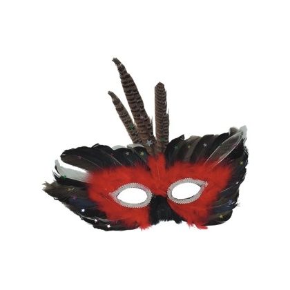 Maska s peřím, červená-hnědá-stříbrná