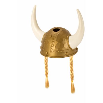 Foto - zlatá vikingská helma s bílými rohy