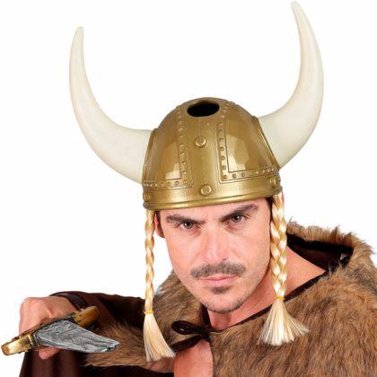 Foto - zlatá vikingská helma s bílými rohy